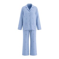 Ensemble de pyjama à manches longues à imprimé animal bleu clair avec masque pour les yeux, coupe décontractée, vêtements de nuit printaniers pour femmes, fabrication sur mesure