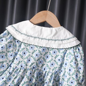 Girls Knitted Sweater And Floral Dress Set Blue Cotton Country Style Outfit For Autumn - Product Image 4