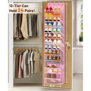 12 Tier Over The Door <b>Shoe</b> Organizer Pink Mesh Hanging Rack For Closet Storage <b>Shoe</b> Holder Fit 24 Pairs - Product Image 2