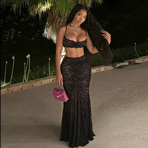 New <b>Sexy</b> Hollow Halter Top Solid Color Lace High Waist Skirt 2-Piece <b>Set</b> for Women Fashion - Product Image 5