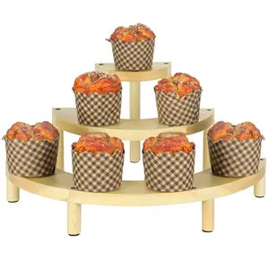 Semicircle 3 Level Cupcake Stand Set Natural Wood Display Riser, 3-Piece Set Multi-purpose Staggered Wooden Shelving