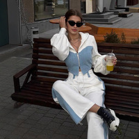 Ensemble sweat-shirt et pantalon décontracté en polyester avec fermeture éclair et patchwork, style européen et américain, pour le commerce transfrontalier