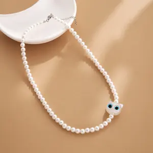 6mm Glass Pearl Beaded Necklace Stylish Cute AB Colorful Cat Charms Necklace Imitation Pearl Women's Jewelry Birthday Party Gift