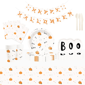 Ensemble de vaisselle jetable pour fête d'Halloween DAMAI, assiettes en papier Boo et design citrouille pour les fournitures d'Halloween, pour 8 invités - Product Image 1