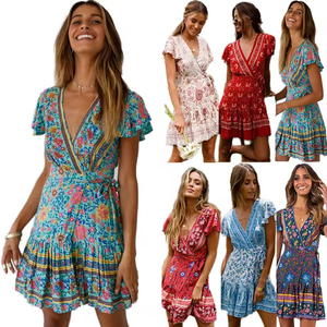 Elegant Floral Chiffon Dress for Women Custom Designed Summer Casual Short Sleeve XL Button Tie <strong>Belt</strong> with Ruffles Plain Dyed - Product Image 5