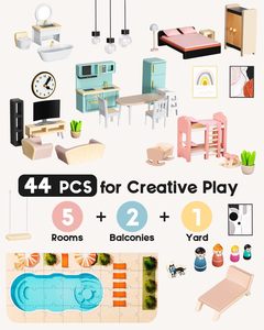Grande maison de poupée en bois moderne avec meubles et accessoires, jouet en bois pour les tout-petits de 3 ans et plus, cadeau idéal pour les garçons et les filles - Product Image 5