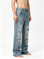 Jeans déchirés à jambe large et coupe bootcut, effet moustache vintage, éclaboussures de peinture, en denim, pour hommes, vente en gros de vêtements