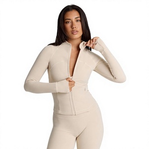 Women's Beige Full Sleeve Zipper <b>Yoga</b> <b>Jacket</b> Solid Color High Waist Seamless Four-Way Stretch Activewear - Product Image 1