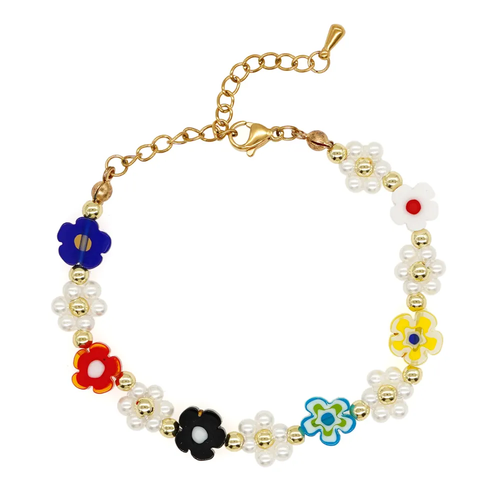 Go2boho-pulsera con broche de langosta de flores de colores, hecha a mano, perlas de imitación, margaritas, cuentas de cristal