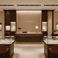 Solution de design d'intérieur de bijouterie en bois de noyer de style brutaliste, vitrine en verre sur mesure, éclairage LED, écologique, solution complète pour centres commerciaux