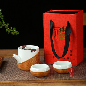 Bamboo Woven Porcelain Teapot And <b>Teacup</b> Set Ice Crack Portable Kung Fu Tea Set Home Decoration - Product Image 2