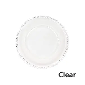 Venta al por mayor 13 pulgadas cena debajo del plato plástico transparente plata Mesa elegante con cuentas de oro rosa borde cargador placas para la boda