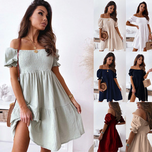Vestido Midi de Verano con Hombros Descubiertos y Manga Corta, <span class=keywords><strong>Ropa</strong></span> Elegante para Mujer, Vestido Casual Sólido sin Espalda con Estampado Floral para la Playa - Product Image 1