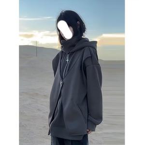 Sudadera con Capucha de Dos Piezas Color Gris Oscuro para Hombre, Estilo Americano, Gruesa, para Otoño e Invierno, con Cuello Camisero - Product Image 1