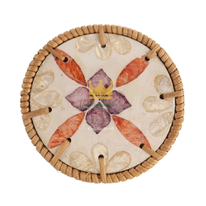 Posavasos Decorativos de Mosaico de Madreperla y Ratán, Ecológicos, Hechos a Mano, con Incrustaciones de Concha, 10 cm de Diámetro, para Mesa de Comedor - Product Image 2
