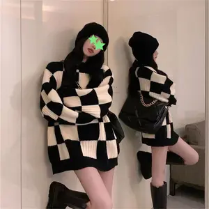 MY0553 Новинка 2022, зимний классический черный и белый клетчатый пуловер с круглым вырезом и принтом, джемперы, женский свитер, женская трикотажная одежда 9