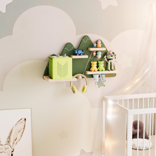 Green Mountain Tonie Shelf Wall Mounted Tonies Wall Shelf for Toniebox Charging Station Magnetic Wood Display Tonie Shelf