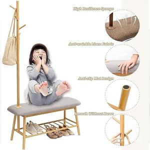 Bamboo <b>Coat</b> Stand With Bench Shoe Rack And 4 <b>Hooks</b> Entryway Storage Furniture - Product Image 5