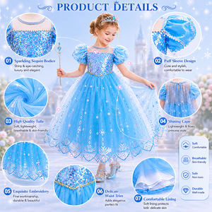 Robe de fête d'anniversaire en tulle à paillettes Baige Deluxe, cape flocon de neige, costume de princesse <span class=keywords><strong>Elsa</strong></span> bleu pour filles - Product Image 3