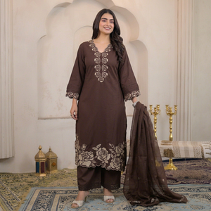 Ensemble Salwar Kameez brodé marron pour femme, Kurta à manches longues, pantalon Palazzo, Shawwarah pour fête et mariage - Product Image 1