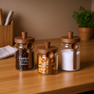 Cutter Goal <b>Glass</b> Storage <b>Jars</b> With Wooden Lids And Spoons Air Tight Cylindrical Design For Coffee Tea Snacks 3pcs Set - Product Image 2