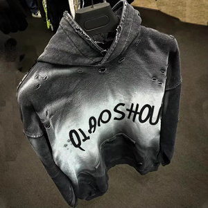 Felpe da uomo stile ampio con stampa Dtg personalizzate felpe con Pullover in stile sovradimensionato con lavaggio acido strappato con cappuccio corto con orlo grezzo - Product Image 1