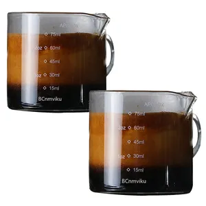 BCnmviku Double Spout Espresso Shot Glass Measuring Cup with Wood Handle Triple Pitcher Milk Cup 75ml Espresso Shot Glass