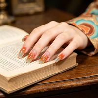 Uñas Postizas Color Naranja Atardecer Degradado a Azul, Forma Ataúd, Medianas y Largas, Removibles, para Uso Diario