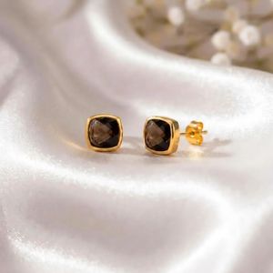 Classic Smoky Quartz Cushion Cut <b>Stud</b> Earrings Featuring Natural Faceted Brown Gemstone In 925 <b>Sterling</b> <b>Silver</b> Or 18K Gold - Product Image 2