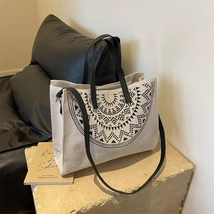 Sac fourre-tout en toile de grande capacité de style ethnique pour femmes, sac à main féminin tendance avec décoration en nœud, sac à fermeture éclair tendance - Product Image 6