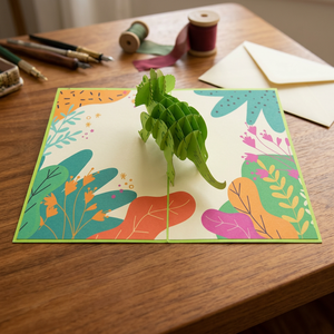 Meilleure Vente : Carte Pop-up 3D Triceratops Vert Faite à la Main, Style Animalier, Artisanat en Papier, Prix Imbattable, Tendance Actuelle, Fabriquée au Vietnam - Product Image 3