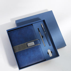 Cuaderno de papelería con logotipo personalizado, juego de regalo, diario de oficina de negocios, diario A5 de cuero Pu Negro Azul con bolígrafo, paquete de caja de regalo/ - Product Image 5