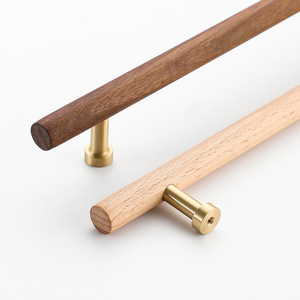 Poignées de meuble en bois de hêtre et de noyer, forme barre, en bois massif, boutons de tiroir et de porte en laiton, style chinois moderne - Product Image 4