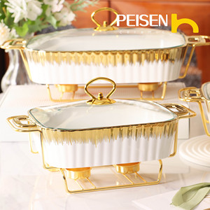 11 pouces rectangulaire en céramique chauffe-plats pot à soupe vaisselle bougie feu chauffage céramique <span class=keywords><strong>casserole</strong></span> sèche pot avec support doré - Product Image 1