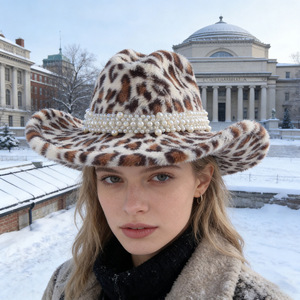 ZhenXi Sombrero de vaquero de felpa con estampado de leopardo y banda de perlas M56-58cm, sombrero cálido para otoño e invierno para hombres y mujeres - Product Image 3