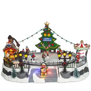 Vente en gros de patinoire musicale à LED en plastique Village de Noël Vente chaude Maisons Fournitures 2024 Décoration de Noël