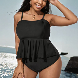 Manufacturer Custom High Waist Ruffle Swimsuit for Women New Black Plus Size Two Piece Bandeau Swimwear <b>Push</b> Bra Solid Beachwear - Product Image 3