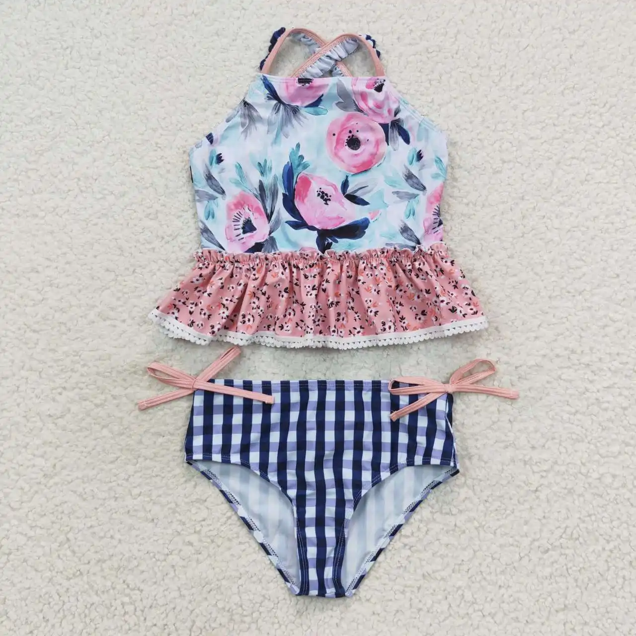 Conjunto de 2 uds de natación para niñas pequeñas, monos con pajarita, traje de baño con hombros descubiertos, ropa de flores para niñas, ropa de playa para nadar