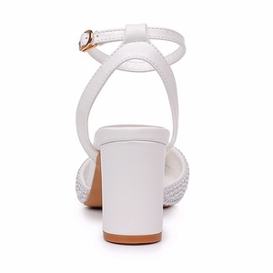 BS054 Damen Spitze Brautschuhe mit <span class=keywords><strong>Blockabsatz</strong></span>, <span class=keywords><strong>Wei</strong></span>ße Hochzeitsschuhe, Abendsandalen mit Perlen, 7cm Absatz - Product Image 4