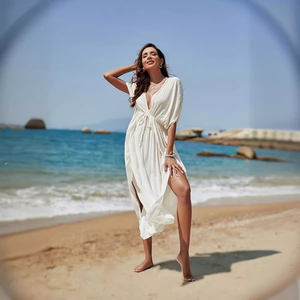 PASUXI Vestido playero midi sin espalda con cuello en V, cárdigan transpirable de rayón para vacaciones de verano, sexy vestido de playa con lazo frontal - Product Image 3