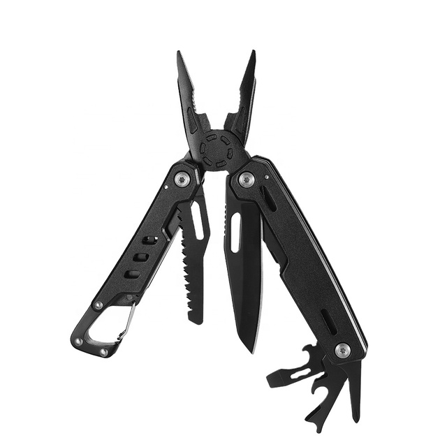 Black Tactical Survival Hand Tool Multi Pliers Pocket Multitool Knife with Carabiner Saw