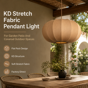 Lampada a Sospensione in Tessuto Elasticizzato KD, Lampada Pendente in Tessuto Beige per Giardino, Patio e Spazi Esterni Coperti - Product Image 1