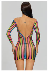 INS arc-en-ciel pyjamas coloré à manches longues hanche Wrap une pièce bas Sexy uniforme tentation robe - Product Image 6