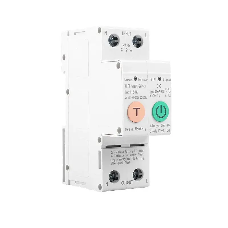 Tuya เบรกเกอร์สมาร์ทสวิตช์เฟสเดียว,เบรคเกอร์ Wifi DIN Rail 63A 2P พร้อมจอมอนิเตอร์ไฟฟ้ามิเตอร์ป้องกันการรั่วไหลของโลก