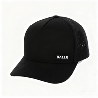 Casquette de baseball snapback personnalisée à 5 panneaux, 100% polyester, unisexe, sport, noire, imperméable, perforée au laser
