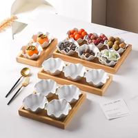 Ensemble de plateaux de service en bois avec quatre compartiments, plats à collation et bonbons en céramique à motifs floraux, assiettes complètes pour fruits secs