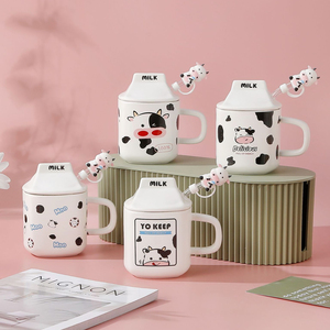 Cute Cow <b>Ceramic</b> <b>Mug</b> with Lid and Straw Creative Milk Bottle Shape Coffee Cup Kawaii Animal Breakfast Cup for Kids - Product Image 3
