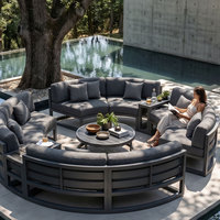 Ensemble de canapés d'extérieur circulaires de luxe, sectionnel en aluminium courbé, assise profonde, mobilier de patio imperméable, personnalisable