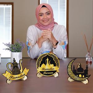 3pcs Eid Ramadan Mubarak Décorations Ornement Eid Mubarak Panneaux de table en bois Eid Décorations pour lune <span class=keywords><strong>Aladin</strong></span> Ornament Décoration de table - Product Image 5