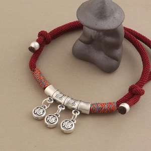 Bracelet en corde rouge avec motif de bambou et caractères Fu en argent pur 999 de style chinois pour femmes, réglable, fait main, cadeau traditionnel - Product Image 1